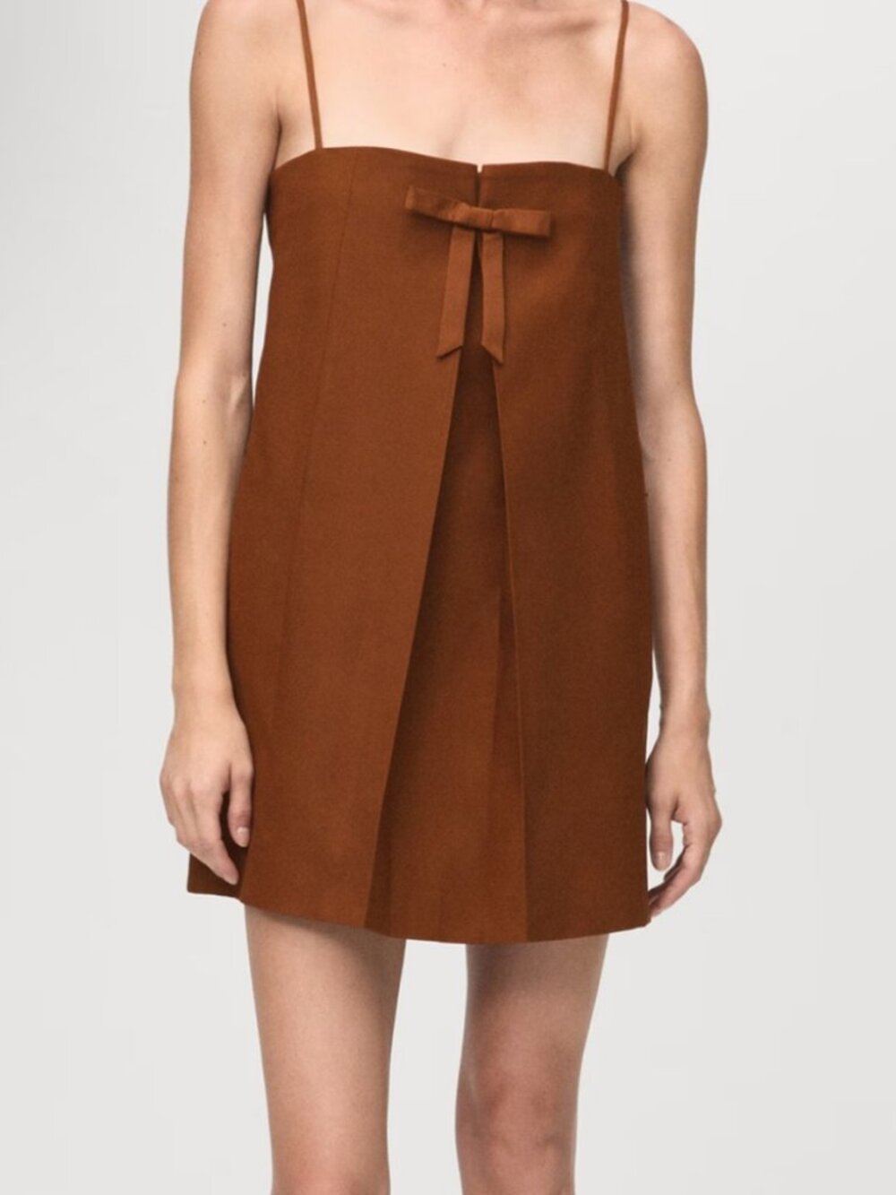 Mango Rust-Brown Spaghetti Strap Mini Dress with Front Bow Size XS